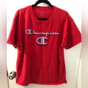 Used, Champion Men’s Red T-shirt, Size L, with light blue logo
